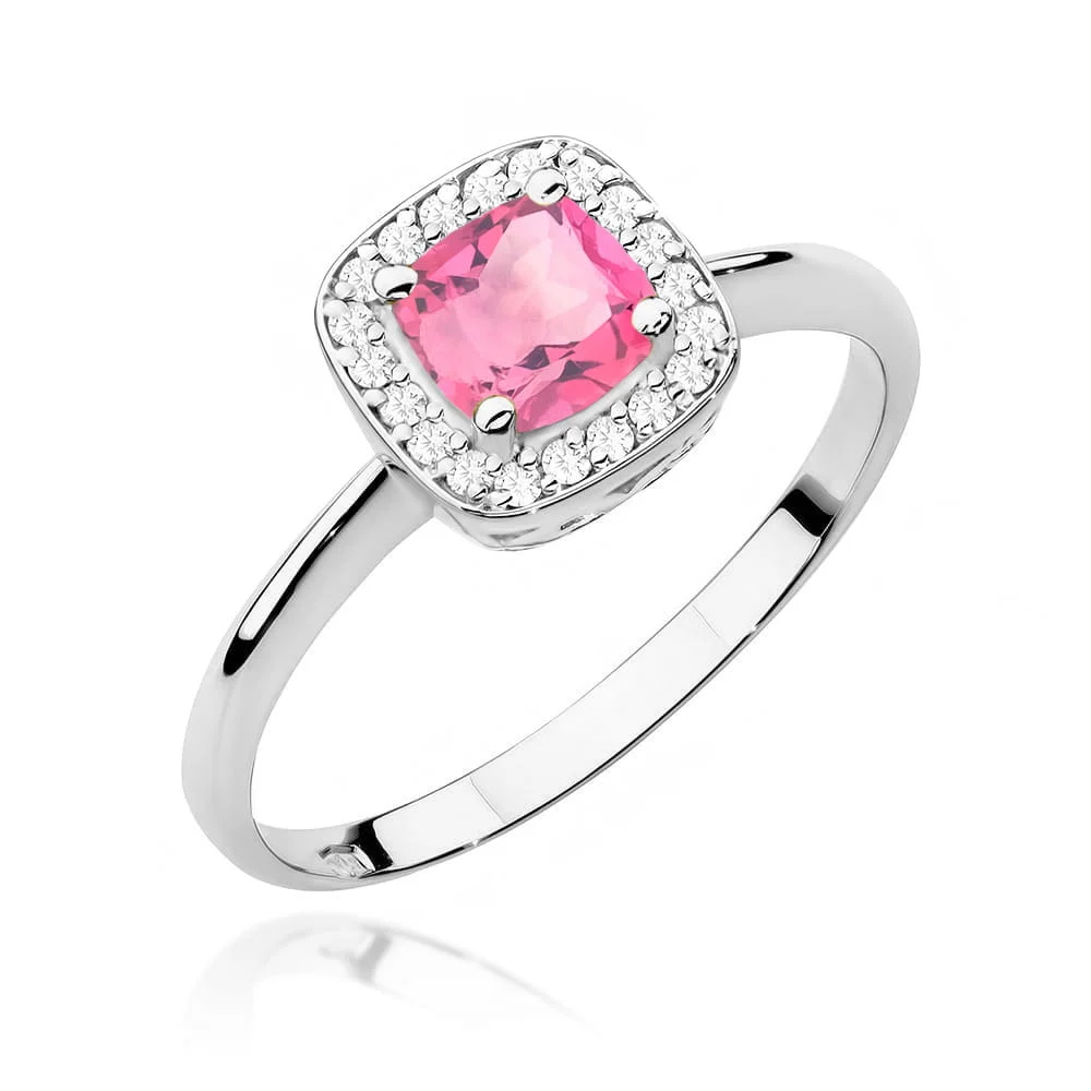 Pierścionek W0514 - Złoto Białe, 585, Różowy Topaz, Diament